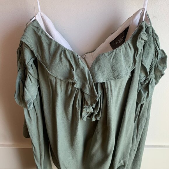 4SIENNA Sage Green Ruffle Off The Shoulder Long Sleeve Crop Top - Picture 8 of 10